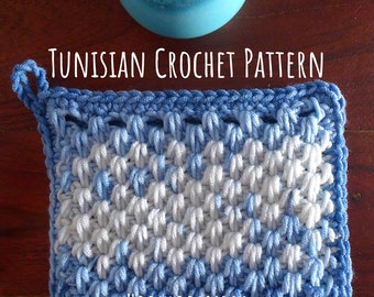 PATTERN for Tunisian Crochet Pot Holder Dishcloth in Ocean Stitch. Texturized Design made easy with simple Instructions. Video Tutorial