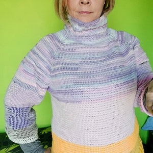 Tunisian Crochet PATTERN for Raglan Turtleneck Sweater in Simple Stitch. Easy top down Jumper in colorful Yarn. Ribbed Neckline. Quick to do image 3