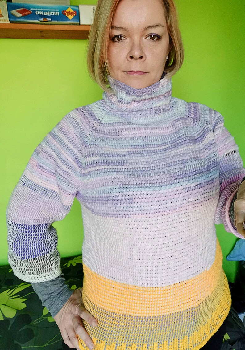 Tunisian Crochet PATTERN for Raglan Turtleneck Sweater in Simple Stitch. Easy top down Jumper in colorful Yarn. Ribbed Neckline. Quick to do image 3