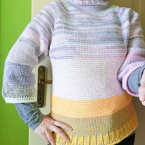 Tunisian Crochet PATTERN for Raglan Turtleneck Sweater in Simple Stitch. Easy top down Jumper in colorful Yarn. Ribbed Neckline. Quick to do image 2