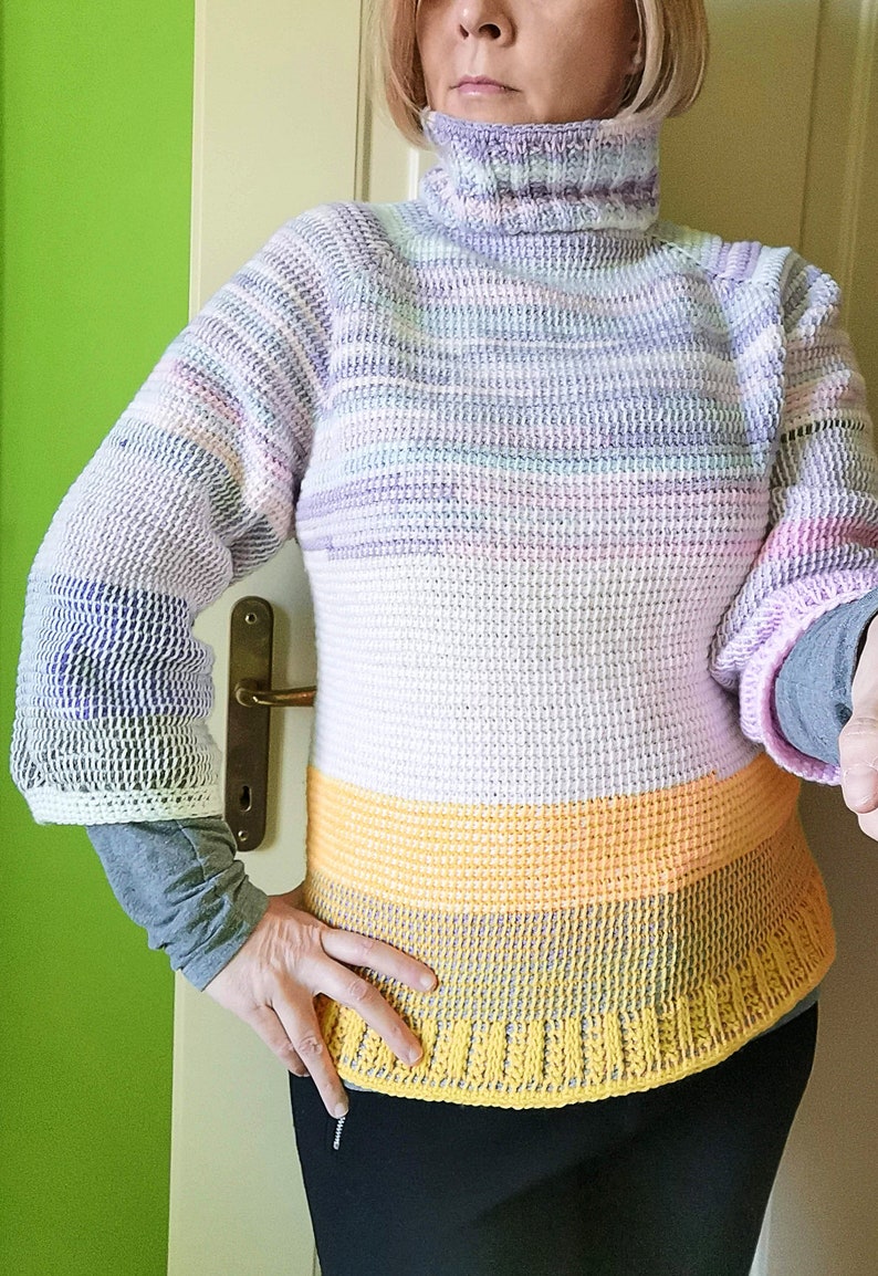 Tunisian Crochet PATTERN for Raglan Turtleneck Sweater in Simple Stitch. Easy top down Jumper in colorful Yarn. Ribbed Neckline. Quick to do image 2