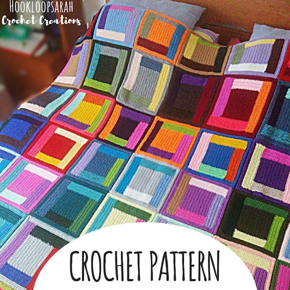 PATTERN Log Cabin Blanket Throw. Crochet Easy Level Tutorial