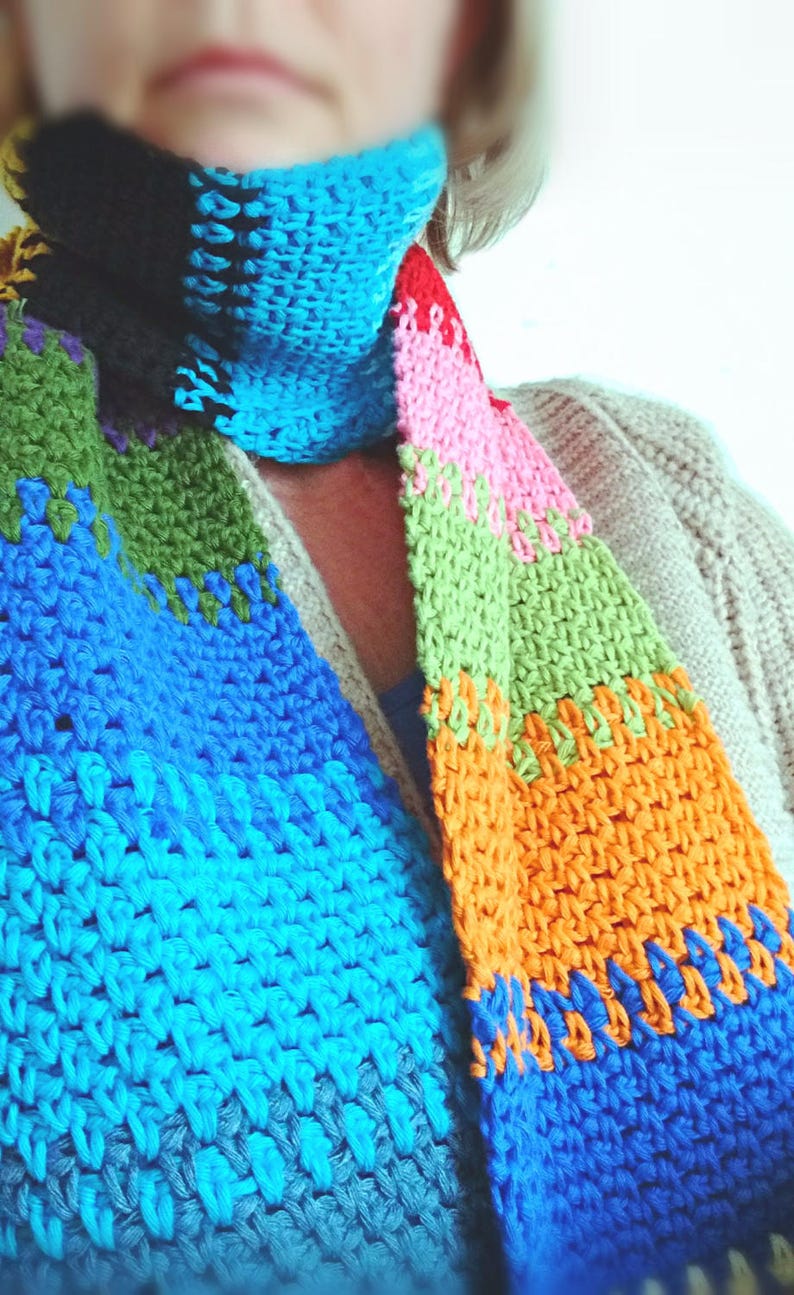 Crochet Scarf Pattern, Colorful Cotton Moss Stitch (PDF Pattern) afbeelding 5