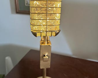 Retro Microphone Lamp With Gold Finish Illuminated By Warm White Battery Powered LED Lights