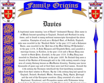 May include: A blue and gold heraldic crest with a red shield and a cross. The text "Family Origins Davies" is at the top of the image. The text below describes the origin of the Davies surname.