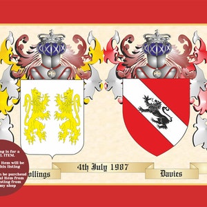 Double Surname Coat of Arms Family Crest with Wedding Date Ribbon Digital Item Via Email Wall Art.