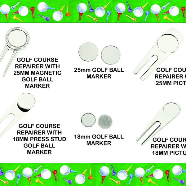 Polished Chrome 4 Designs of Golf Course Repairer, with Magnetic & Press Stud Style Golf Ball Marker, 18mm, 25mm Golf Ball Markers.