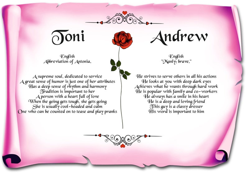 May include: A pink scroll with a red rose and the names Joni and Andrew. The scroll contains a description of each name's meaning and personality traits.  Joni is an abbreviation of Antonia and means "a supreme soul, dedicated to service". Andrew means "manly, brave".