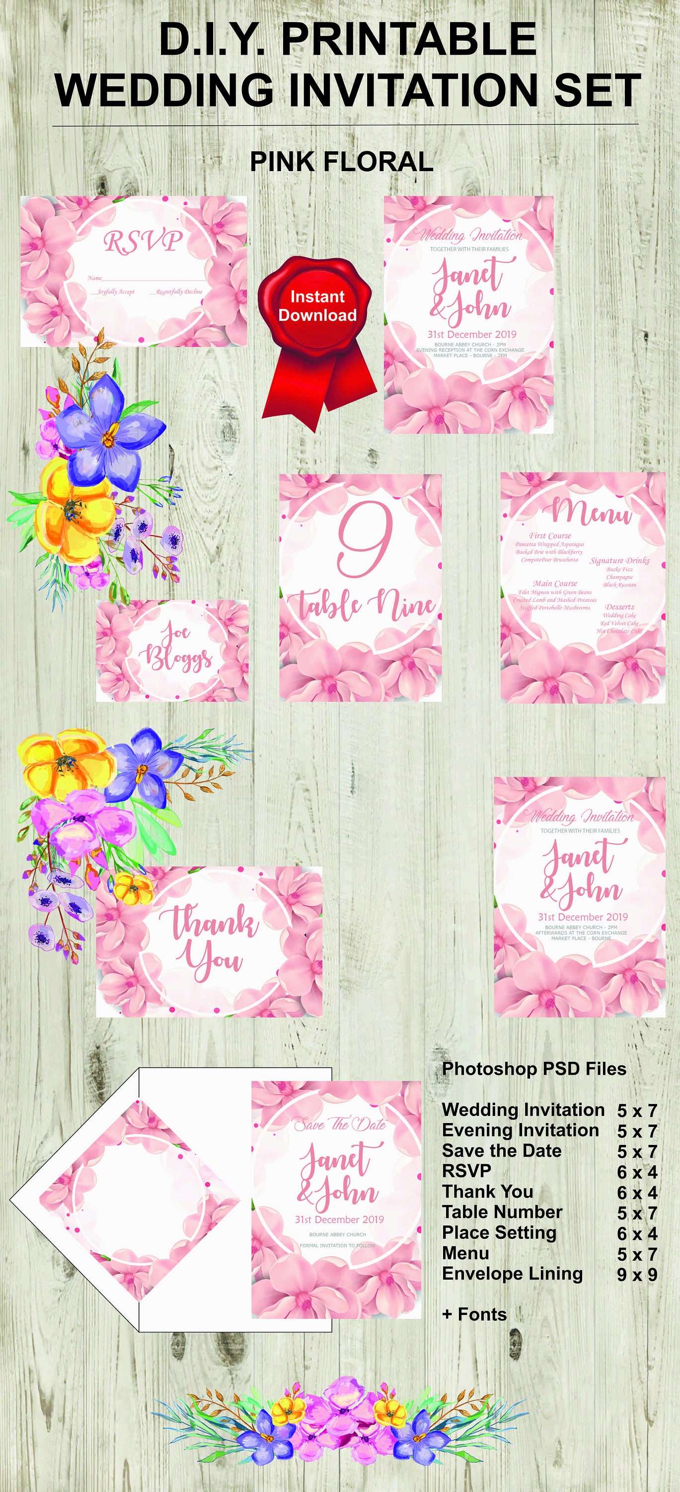 Download Pink Floral Theme Wedding Invitation Pack Collection ...