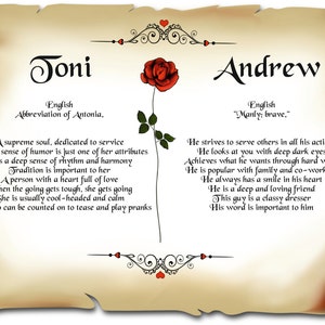 May include: A vintage-style scroll with a red rose and the names Joni and Andrew. The scroll contains text about the meanings of the names and their personality traits.