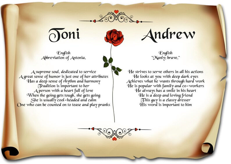 May include: A vintage-style scroll with a red rose and the names Joni and Andrew. The scroll contains text about the meanings of the names and their personality traits.