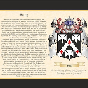 May include: A black and white coat of arms with a red cross and three fleurs-de-lis. The coat of arms is surrounded by a silver frame with a gold ribbon at the bottom. The ribbon reads "Smith". The text below the coat of arms reads "This Coat of Arms was taken from "Burke's General Armory" compiled by "Sir Bernard Burke" C.B.; LL.D. Ulster King of Arms to the Queen (1842)"