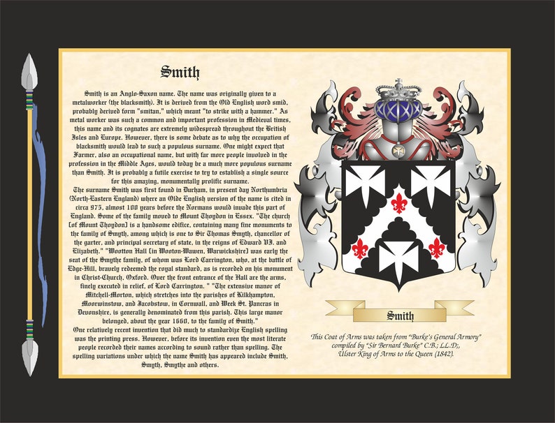 May include: A black and white coat of arms with a red cross and three fleurs-de-lis. The coat of arms is surrounded by a silver frame with a gold ribbon at the bottom. The ribbon reads "Smith". The text below the coat of arms reads "This Coat of Arms was taken from "Burke's General Armory" compiled by "Sir Bernard Burke" C.B.; LL.D. Ulster King of Arms to the Queen (1842)"