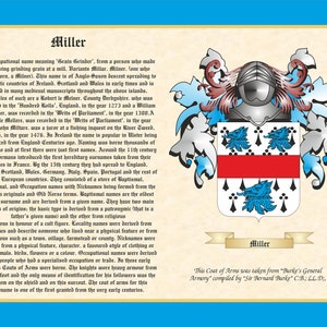 May include: A vintage-style illustration of a coat of arms with a red and white shield featuring blue birds. The text "Miller" is displayed below the shield. The text "This Coat of Arms was taken from "Burke's General Armory" compiled by "Sir Bernard Burke" C.B., LL.D." is displayed below the text "Miller".