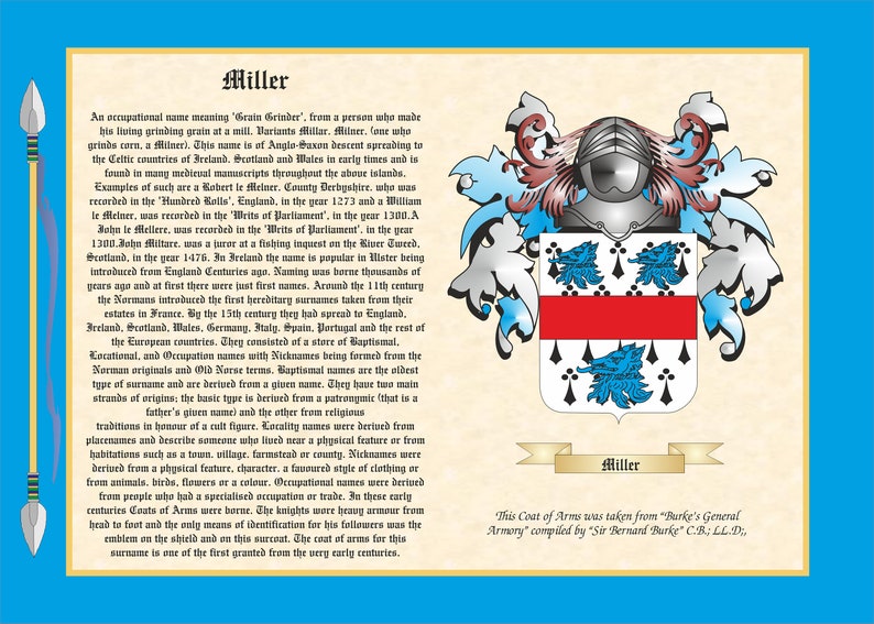 May include: A vintage-style illustration of a coat of arms with a red and white shield featuring blue birds. The text "Miller" is displayed below the shield. The text "This Coat of Arms was taken from "Burke's General Armory" compiled by "Sir Bernard Burke" C.B., LL.D." is displayed below the text "Miller".