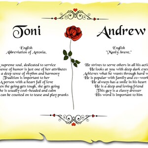May include: A yellow parchment scroll with a red rose and the names Joni and Andrew written in black cursive. The scroll contains a poem about each name, describing their personality traits.