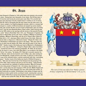 May include: A vintage-style illustration of a coat of arms with a blue shield, two gold stars, and a red background. The shield is surrounded by silver and blue decorative elements. The text "St. Jean" appears twice, once above the shield and again below it. The text "This Coat of Arms was taken from "Burke's General Armory" compiled by "Sir Bernard Burke" C.B.; LL.D." is also included.