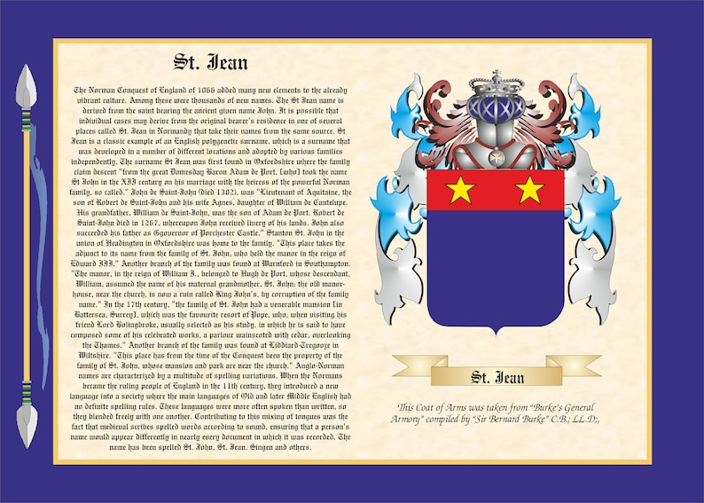 May include: A vintage-style illustration of a coat of arms with a blue shield, two gold stars, and a red background. The shield is surrounded by silver and blue decorative elements. The text "St. Jean" appears twice, once above the shield and again below it. The text "This Coat of Arms was taken from "Burke's General Armory" compiled by "Sir Bernard Burke" C.B.; LL.D." is also included.