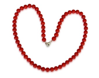 Coral necklace, natural, red, round, 7 mm, 925 silver