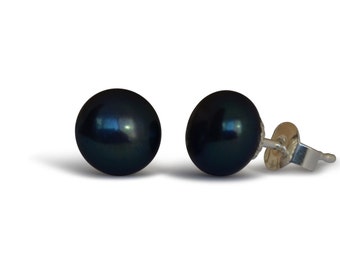 Boucles d'oreilles puces perles de culture d'eau douce, naturelles, noires, 8 mm, argent 925
