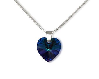 Silver chain made of 925 silver, box chain, Swarovski crystal heart, blue