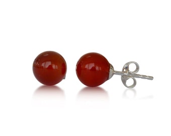 Agate stud earrings, natural, red, round, 8 mm, 925 Silver