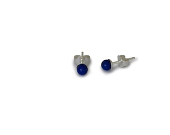 Lapis Lazuli Stud Earrings, Natural Lapis Lazuli, Round, 4mm, 925 Silver