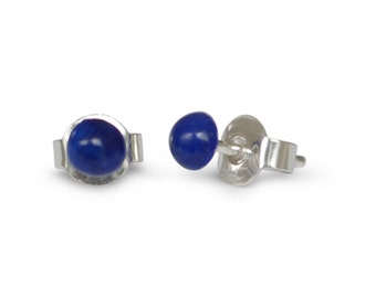 Lapis lazuli stud earrings, natural lapis lazuli, flat round, 4 mm, 925 silver