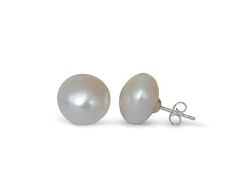 Boucles d'oreilles clous en perles de culture d'eau douce, naturelles, blanches, 14-15 mm, argent 925