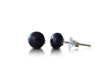 Boucles d'oreilles puces perles de culture d'eau douce, noires, 6 mm, argent 925