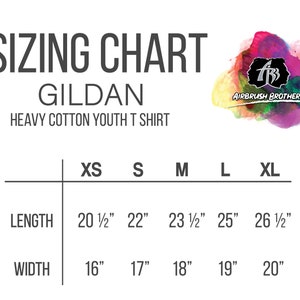 May include: Sizing chart for Gildan heavy cotton youth t-shirts. The chart shows sizes XS, S, M, L, and XL with corresponding length and width measurements in inches.