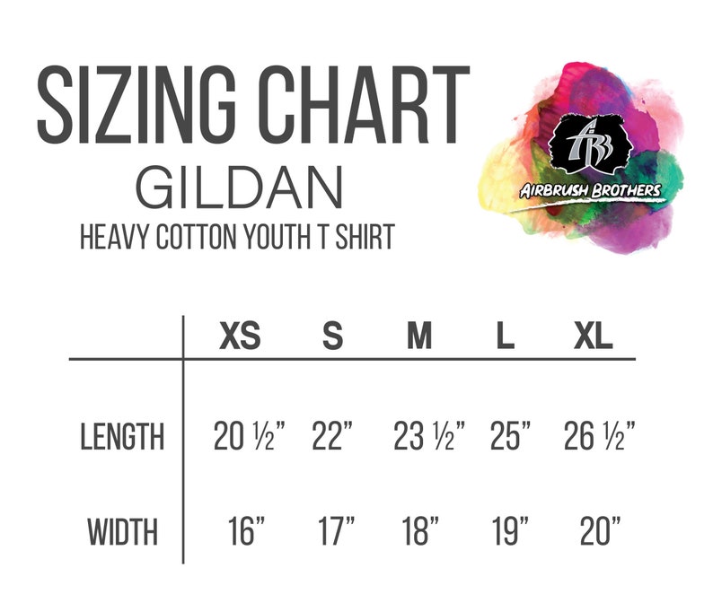 May include: Sizing chart for Gildan heavy cotton youth t-shirts. The chart shows sizes XS, S, M, L, and XL with corresponding length and width measurements in inches.