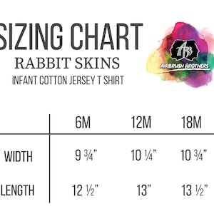 May include: Sizing chart for infant cotton jersey t-shirts in sizes 6M, 12M, and 18M. The chart shows width and length measurements in inches.
