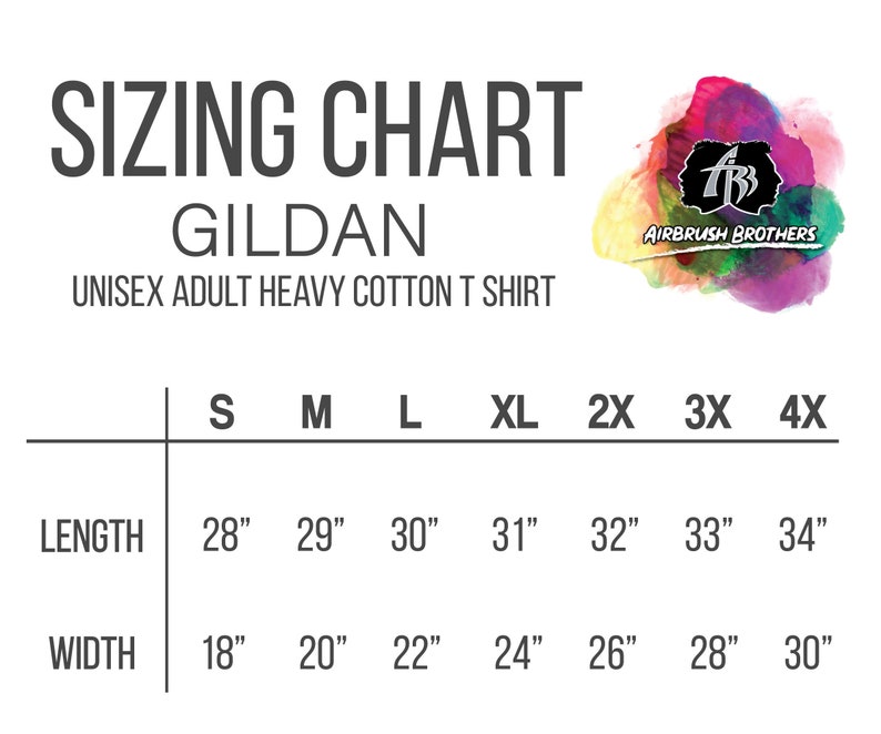 May include: Sizing chart for Gildan unisex adult heavy cotton t-shirts. The chart shows measurements in inches for length and width for sizes S, M, L, XL, 2X, 3X, and 4X.