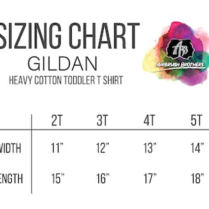 May include: Sizing chart for Gildan heavy cotton toddler t-shirts. The chart shows the width and length measurements in inches for sizes 2T, 3T, 4T, and 5T.