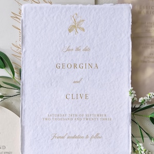 Magnolia Save the Date l faire-part de mariage floral l invitations de mariage botaniques l papeterie de mariage de luxe estampée en aluminium