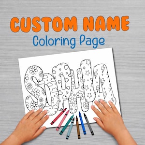 May include: A white coloring page with the name "Sophia" in large, outlined letters, each filled with different patterns. The words "CUSTOM NAME" and "Coloring Page" are above the name. Crayons are arranged below the page.