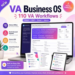 May include: A digital product titled VA Business OS featuring 110 VA Workflows for client, SOP, email, and admin tasks. The display shows a laptop and tablet with a dashboard interface, a quick start guide, and workflow categories for virtual assistants.