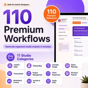 Puede incluir: Una pantalla de producto digital titulada 110 Premium Workflows para diseñadores de interiores. Presenta una interfaz de panel con categorías como Leads & Sales, Onboarding, Concept Design, Space Planning, Procurement, Project Management, Client Experience, Pricing & Finance, Marketing & Content, Portfolio & PR y Studio SOPs.