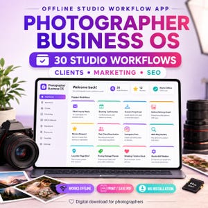 Op de afbeelding: Een digitaal dashboard voor fotografen genaamd Photographer Business OS, met 30 studioworkflows voor klanten, marketing en SEO. Het scherm toont een gebruikersinterface met iconen en tekst, inclusief opties voor offline werken en geen installatie.