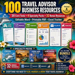 May include: A digital bundle of 100 travel advisor business resources including editable Word documents, printable PDFs, and Excel trackers. The graphic features text headers, icons, and six vertical cards for client intake, proposals, itineraries, CRM trackers, follow-ups, and marketing plans.