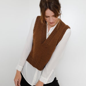 May include: A brown knitted vest with a V-neckline. The vest is worn over a white button-down shirt.