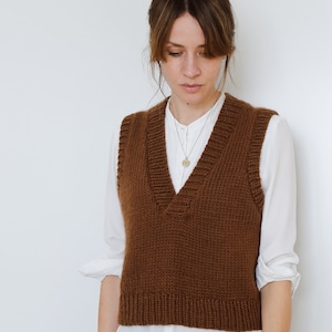 May include: A brown knitted vest with a V-neck and a ribbed hem. The vest is worn over a white button-down shirt.