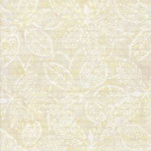 May include: A fabric with a repeating pattern of white leaves and floral elements on a light yellow background. The design features various leaf shapes and delicate floral details, creating a textured appearance.