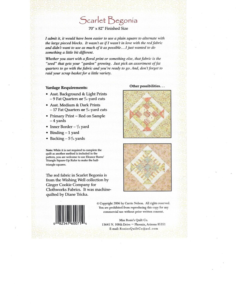SCARLET BEGONIA Pieced Quilt Pattern Miss Rosie's Quilt Co. Etsy