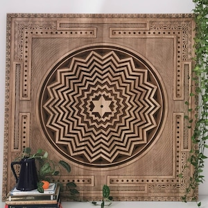Shiva Yantra carved in wood and decorated with Rudraksha seeds