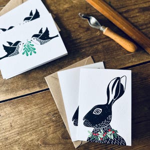 Lot de 8 cartes de Noël lièvre et rouge-gorge