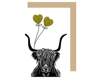 Highland Cow with Gold Balloons Greetings Card