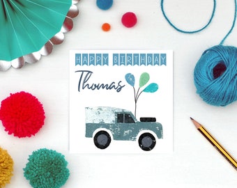 Personalised Land Rover Birthday Card with Balloons