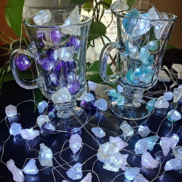 Crystal Fairy Lights | Raw Gemstone String Lights | Amethyst Citrine Celestite Rose Quartz Green Fluorite | Mini Lights Rough Crystals Decor